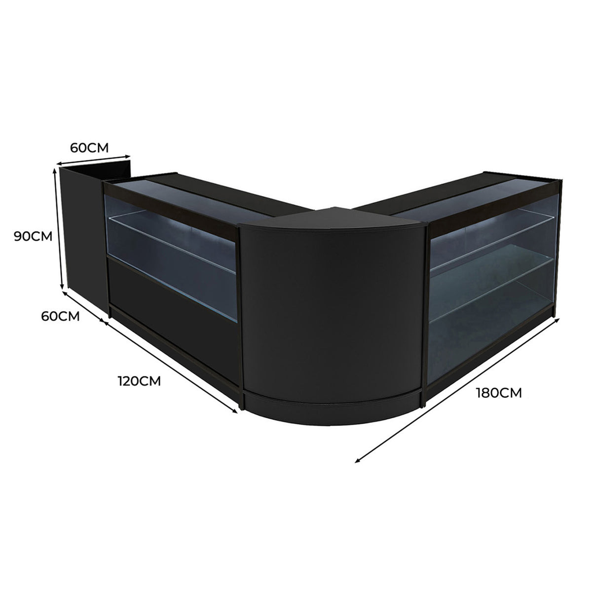 Elegantes Vega LED Verkaufstheken-Set in Schwarz, bestehend aus zwei Vitrinen mit transparenten Regalen, abgerundeten Kanten und modernem Design