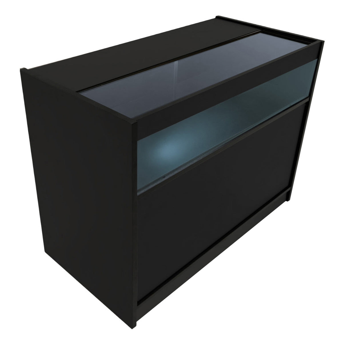 Schwarzes LED-Verkaufstheken-Set mit Glasoberfläche, modernem Design und integrierter Beleuchtung, ideal für Verkaufsräume und Ausstellungen