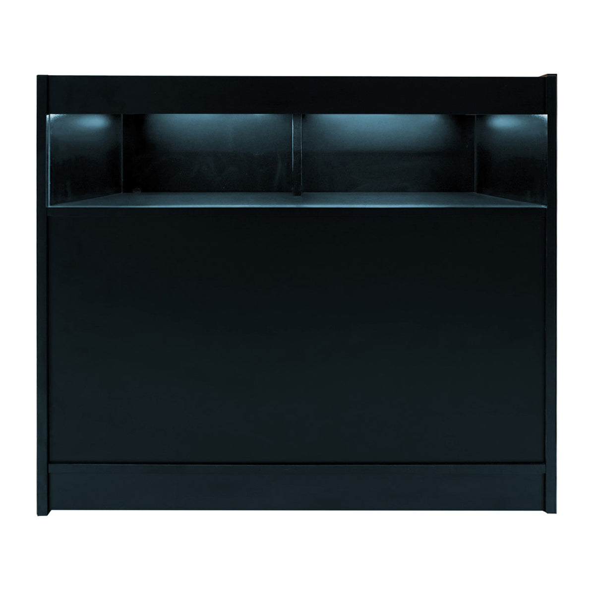Schwarzes LED-Verkaufstheken-Set mit zwei Einheiten, glatte Oberfläche, integrierte Beleuchtung und moderne, minimalistische Form