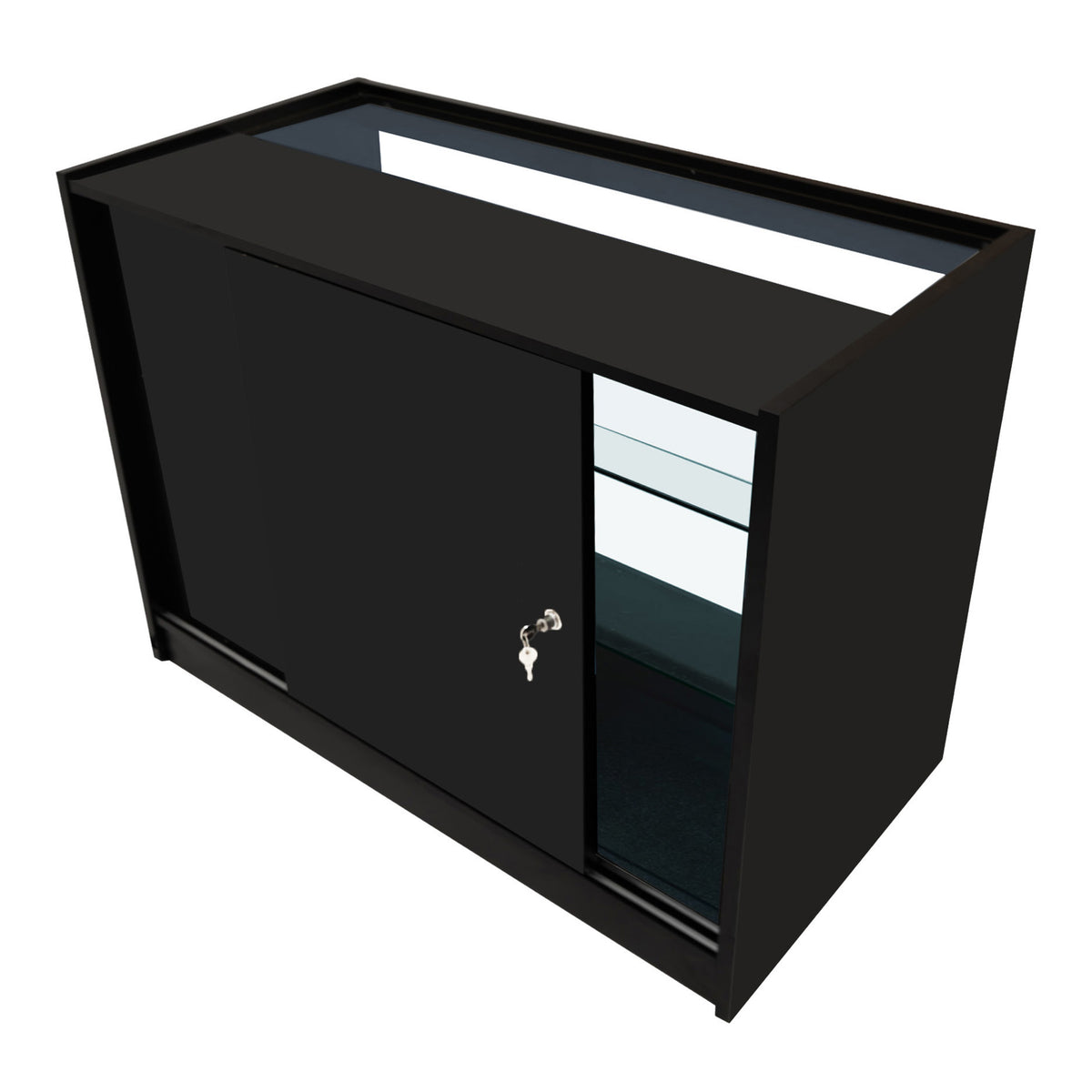 Schwarzes Astro LED Verkaufstheken-Set mit zwei Einheiten, glatten Oberflächen, einer Schiebetür und einem eleganten, modernen Design