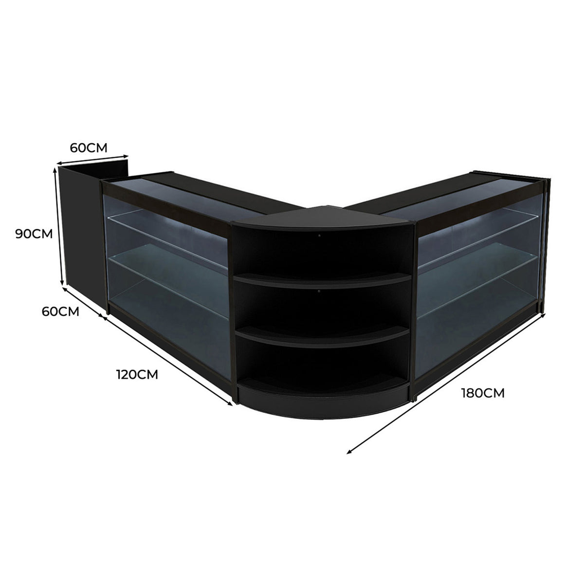 Schwarzes Astro LED Verkaufstheken-Set mit zwei Vitrinen, abgerundeten Kanten, Glasregalen und modernen LED-Leuchten, ideal für Verkaufsräume