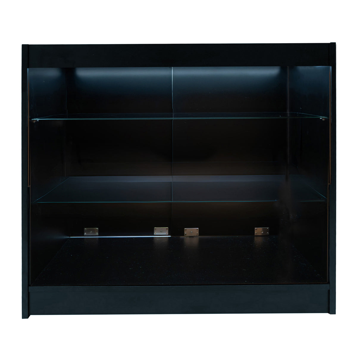 Schwarzes Astro LED Verkaufstheken-Set mit zwei Regalen, elegantem Design, glatten Oberflächen und integrierter Beleuchtung für optimale Produktpräsentation