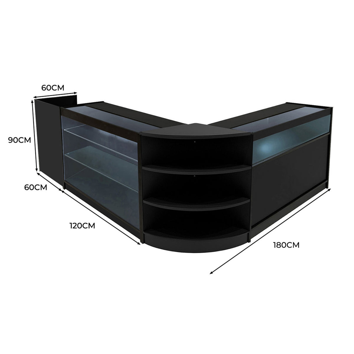 Schwarzes Hyperion LED Verkaufstheken-Set mit gläsernen Regalen, abgerundeten Kanten und modernen Maßen von 60 cm, 120 cm und 180 cm