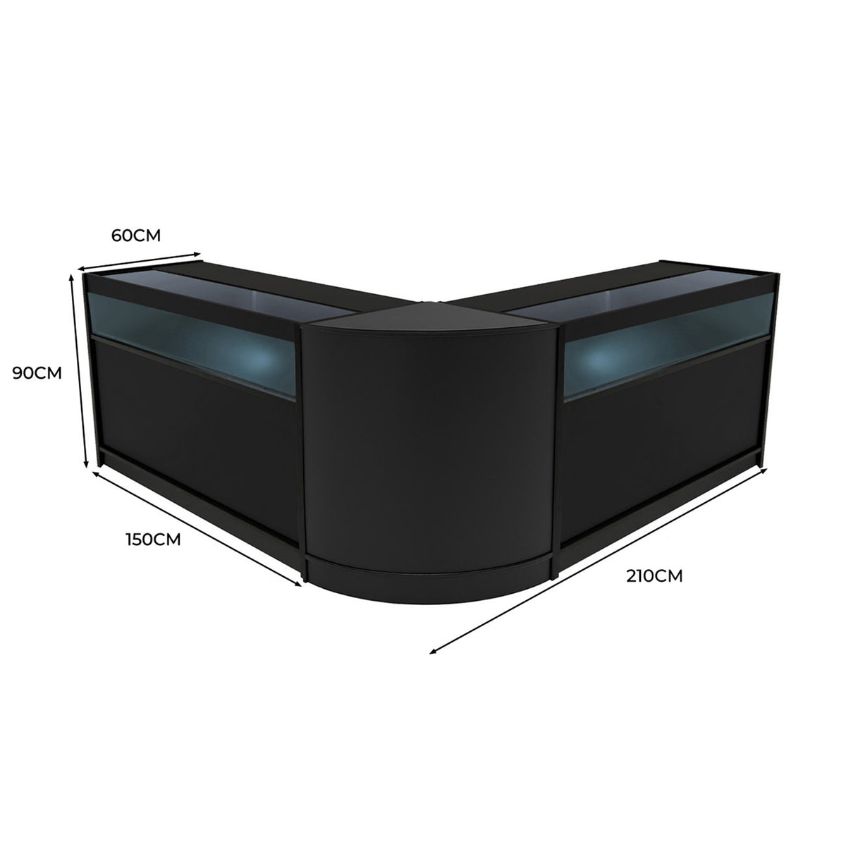 Schwarzes Iris LED Verkaufstheken-Set mit zwei eleganten, abgerundeten Ecken, beleuchtet und mit Glasoberflächen, ideal für Verkaufsräume