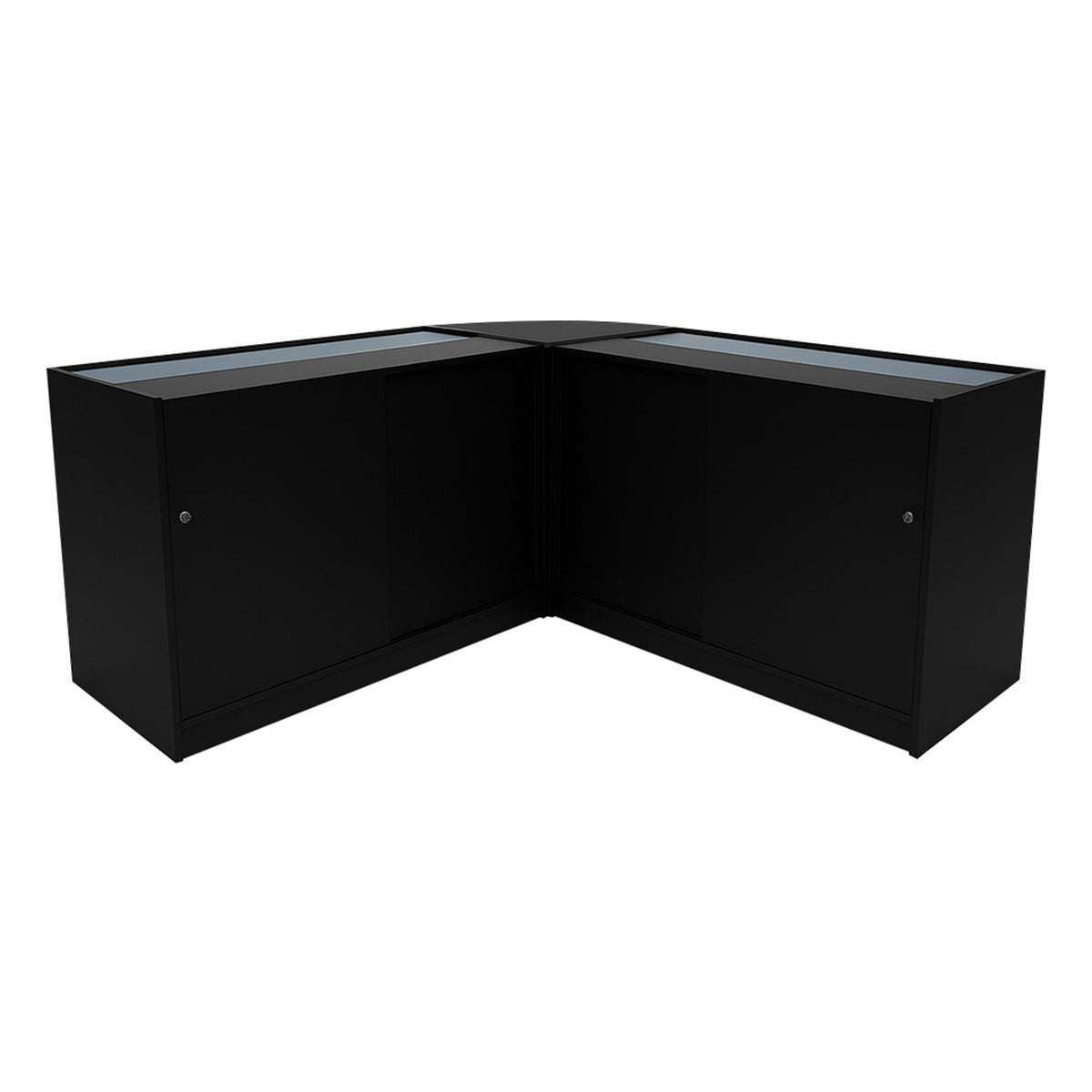 Schwarzes Helios LED Verkaufstheken-Set CM60 + K1500, bestehend aus zwei eleganten, modernen Vitrinen mit Glasoberflächen und glatten Oberflächen