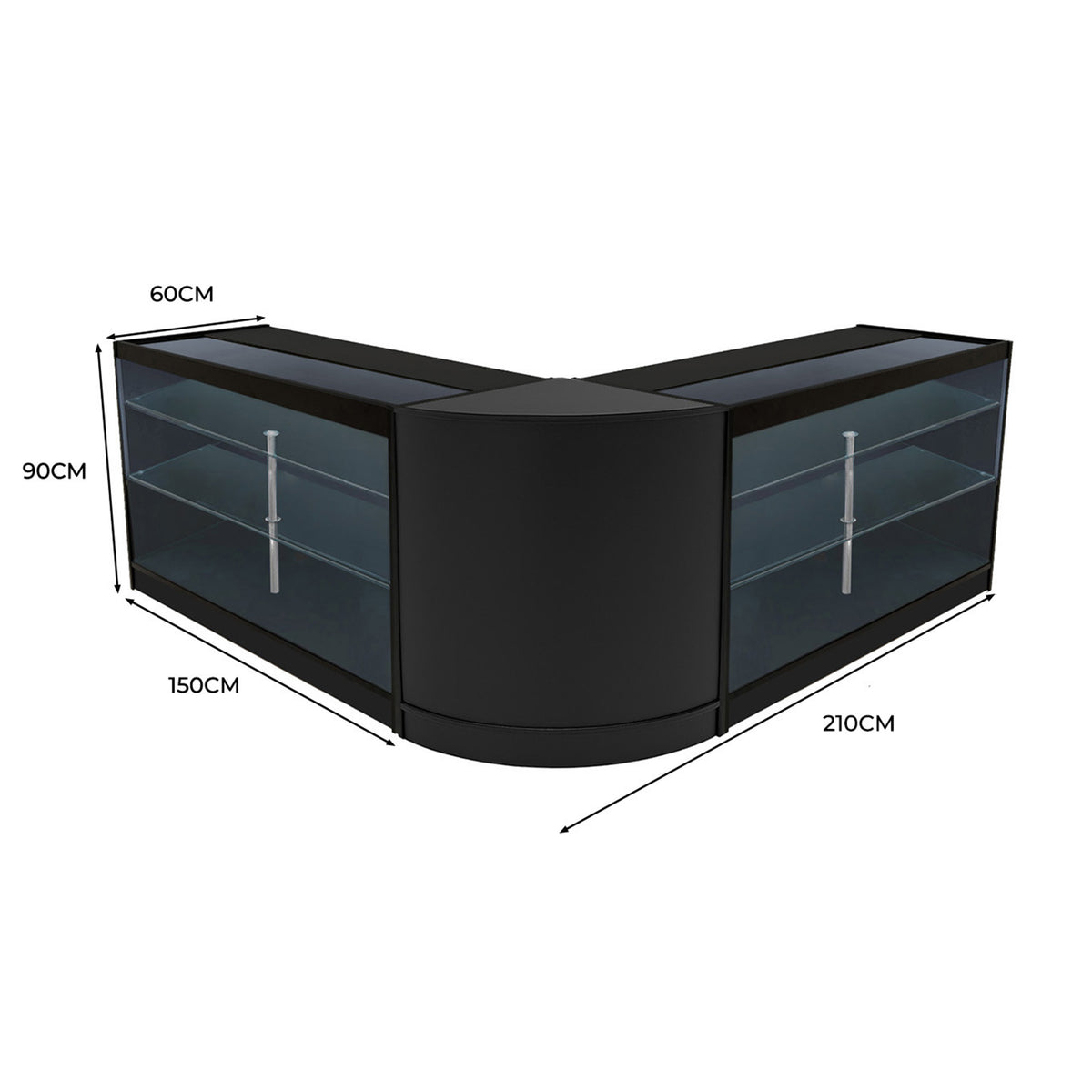 Schwarzes Helios LED Verkaufstheken-Set mit zwei Vitrinen, abgerundeten Ecken, Glasregalen und modernen Metallgriffen, ideal für Verkaufsräume