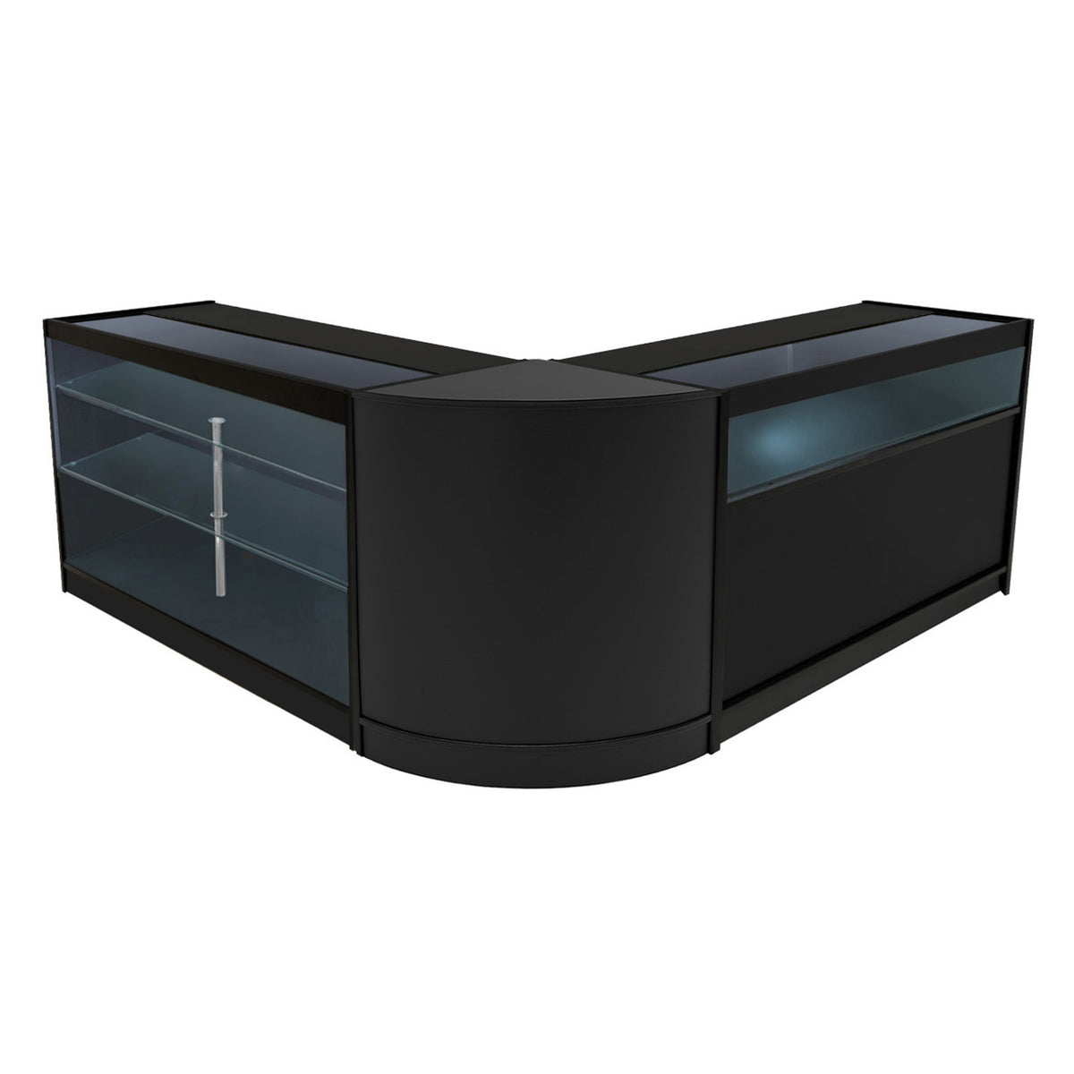 Elegantes, schwarzes Triton LED Verkaufstheken-Set mit gläsernen Regalen und abgerundeten Ecken, ideal für moderne Verkaufsräume