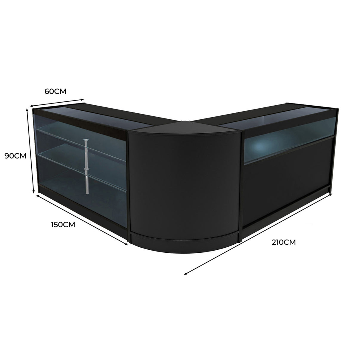 Elegantes, schwarzes Triton LED Verkaufstheken-Set mit gläsernen Ablagen, abgerundeten Ecken und modernen LED-Beleuchtungselementen, ideal für Verkaufsräume