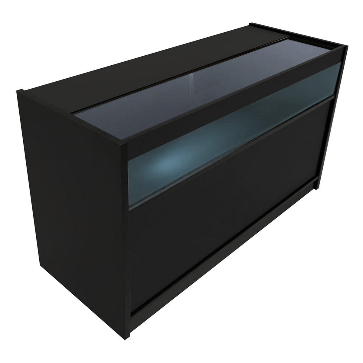 Schwarzes Triton LED Verkaufstheken-Set mit Glasoberfläche, eleganter, moderner Design und integrierter Beleuchtung für ansprechende Produktpräsentation