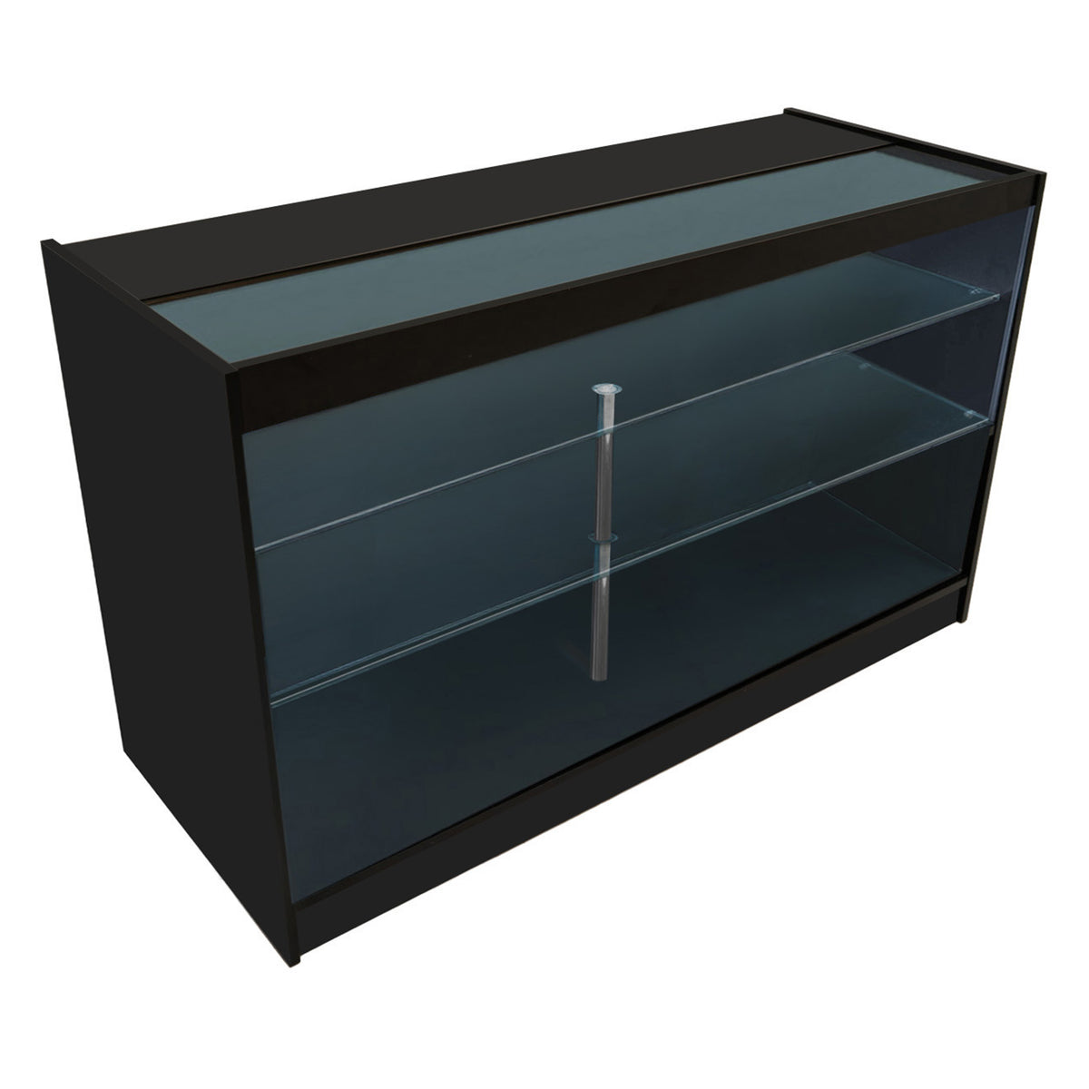 Schwarzes Triton LED Verkaufstheken-Set mit transparenten Glasregalen und einem eleganten, modernen Design für Verkaufsräume
