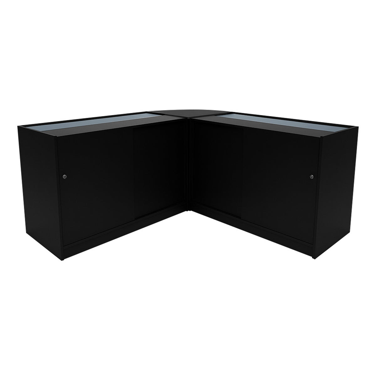 Schwarzes Hera LED Verkaufstheken-Set mit zwei Glastüren, modernem Design und eleganter, glatter Oberfläche, ideal für Verkaufsräume