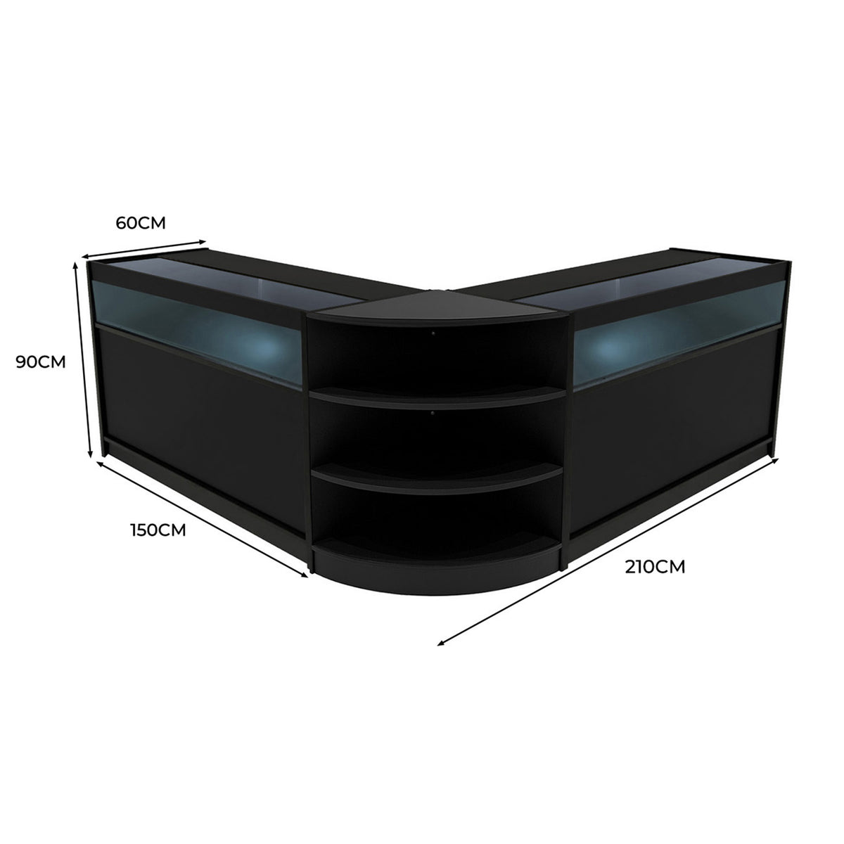 Schwarzes LED-Verkaufstheken-Set mit zwei Ecken, Glasoberflächen, offenen Regalen und modernen, eleganten Linien für Verkaufsräume