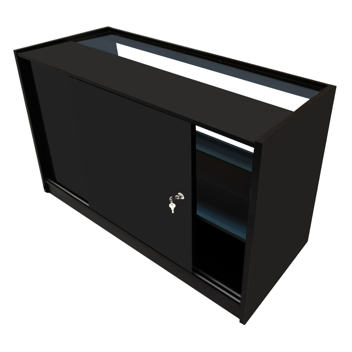 Schwarzes Andromeda LED Verkaufstheken-Set mit zwei Einheiten, glänzender Oberfläche, Schiebetür und integrierter Beleuchtung für ansprechende Präsentation