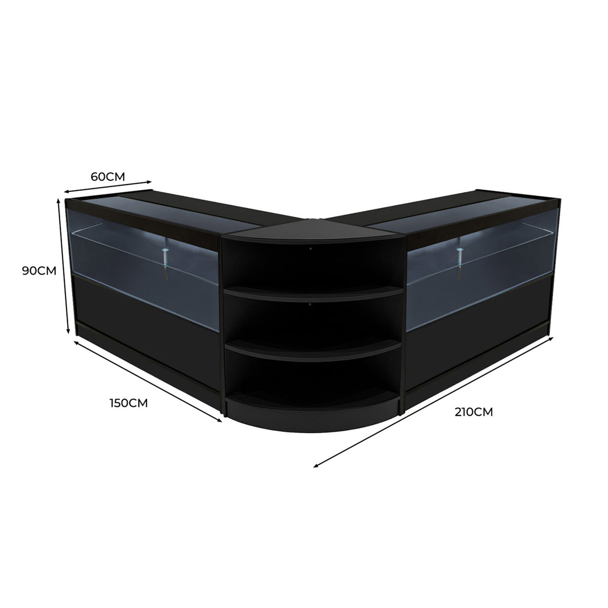Schwarzes Andromeda LED Verkaufstheken-Set mit zwei L-förmigen Modulen, transparenten Glasflächen und praktischen Ablagefächern, ideal für Verkaufsräume