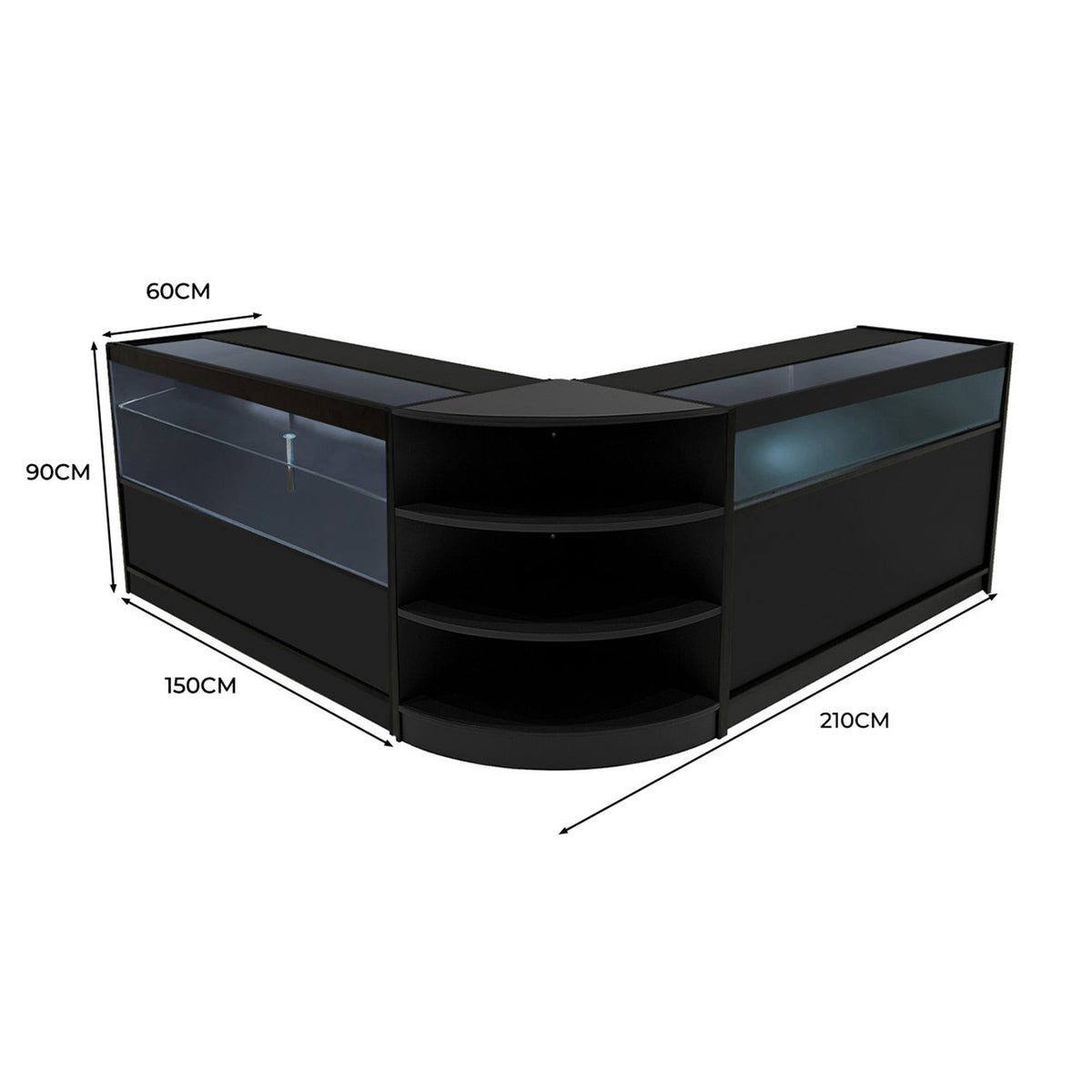 Schwarzes Harmonia LED Verkaufstheken-Set mit Glasoberflächen, abgerundeten Kanten und offenen Regalen, ideal für Verkaufsräume und Ausstellungen