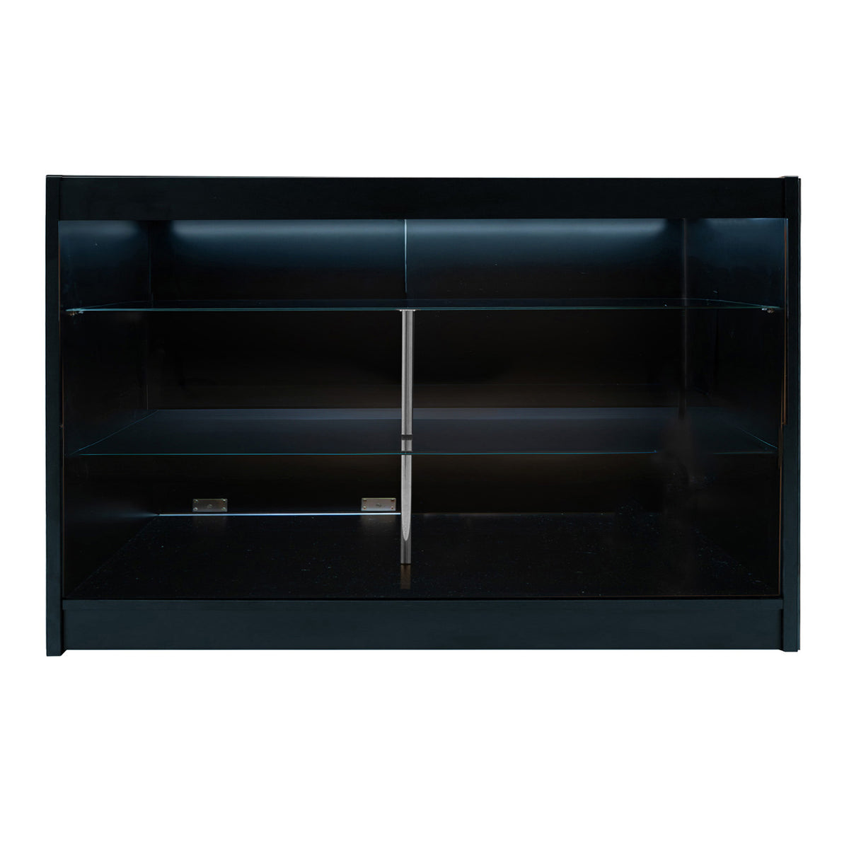 Schwarzes LED Verkaufstheken-Set mit zwei Regalen und Glasablagen, modern und elegant, ideal für Verkaufsräume und Ausstellungen