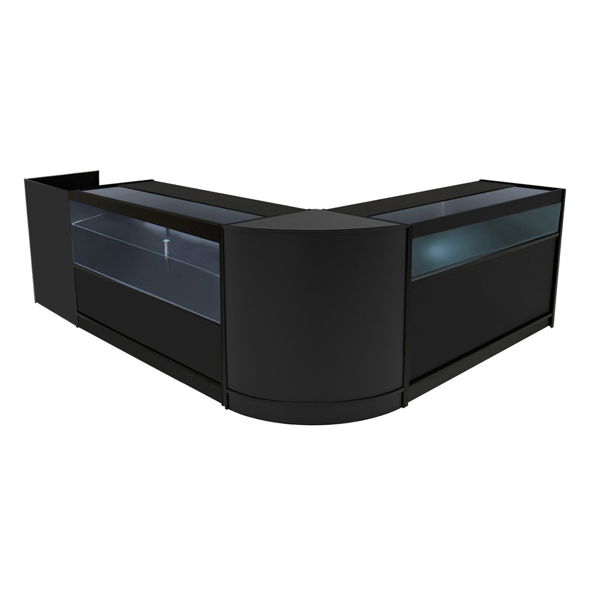 Schwarzes Gravity LED Verkaufstheken-Set mit eleganten, glatten Oberflächen, abgerundeten Ecken und integrierter Beleuchtung für ansprechende Präsentationen