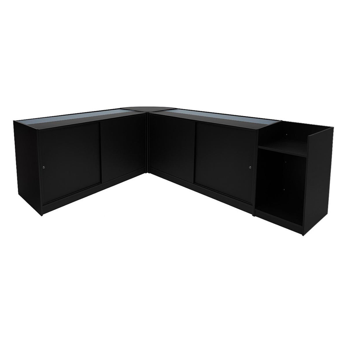 Schwarzes Gravity LED Verkaufstheken-Set mit glatten Oberflächen, eleganten Kanten und einem modernen, minimalistischen Design für Verkaufsräume