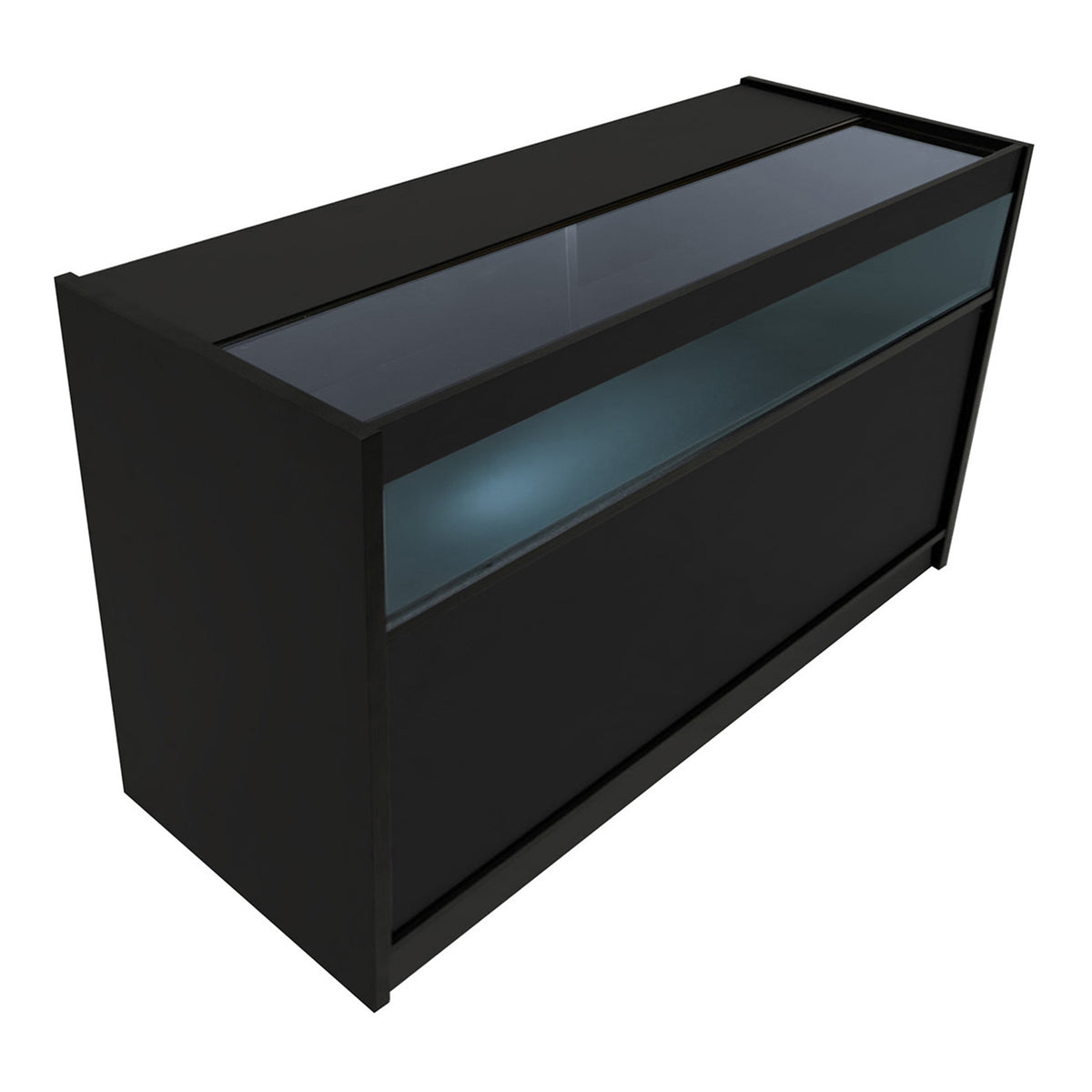 Schwarzes Gravity LED Verkaufstheken-Set mit Glasoberfläche, modernem Design und sanfter Beleuchtung, ideal für Verkaufsräume und Ausstellungen