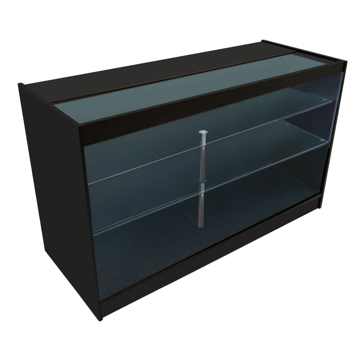 Schwarzes LED Verkaufstheken-Set mit zwei Glasregalen, eleganter Metallstange und modernem, minimalistischen Design für ansprechende Produktpräsentation