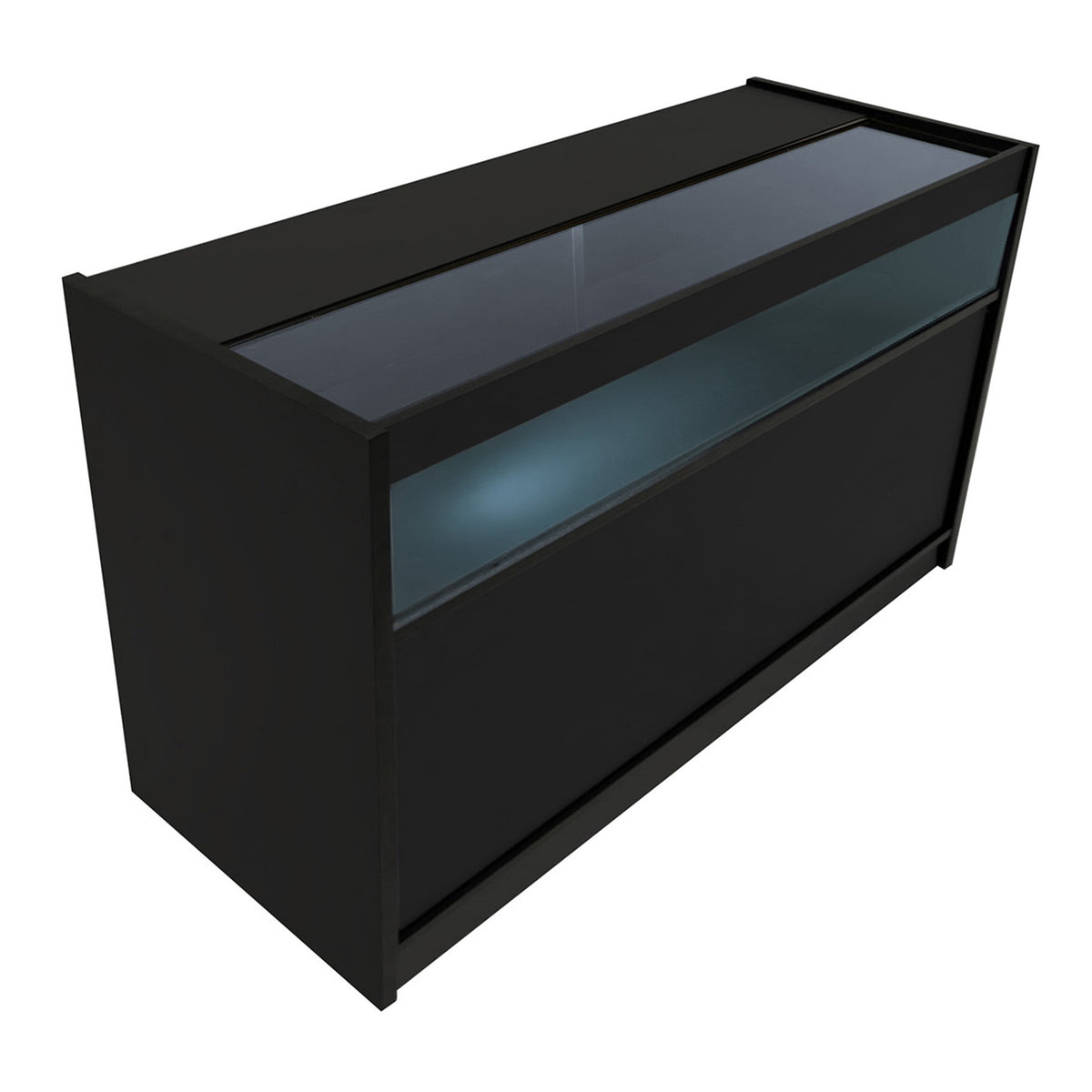 Schwarzes Hyperion LED Verkaufstheken-Set mit Glasoberfläche, eleganter, moderner Form und integrierter Beleuchtung für ansprechende Präsentationen