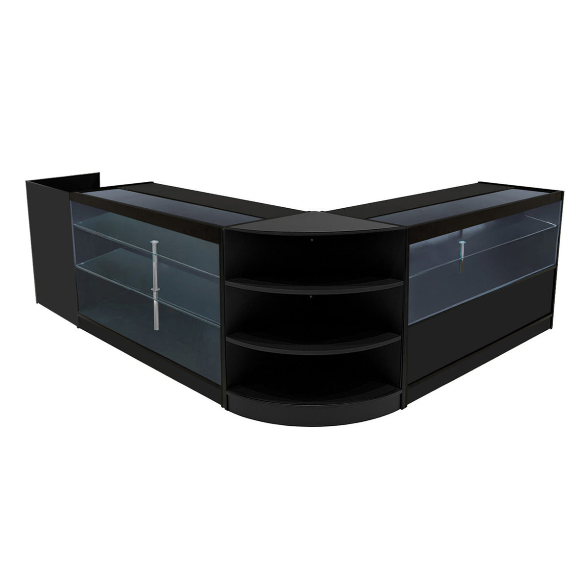 Elegantes Verkaufstheken-Set in Schwarz mit Glasregalen, abgerundeten Kanten und modernem Design, ideal für Einzelhandelsumgebungen