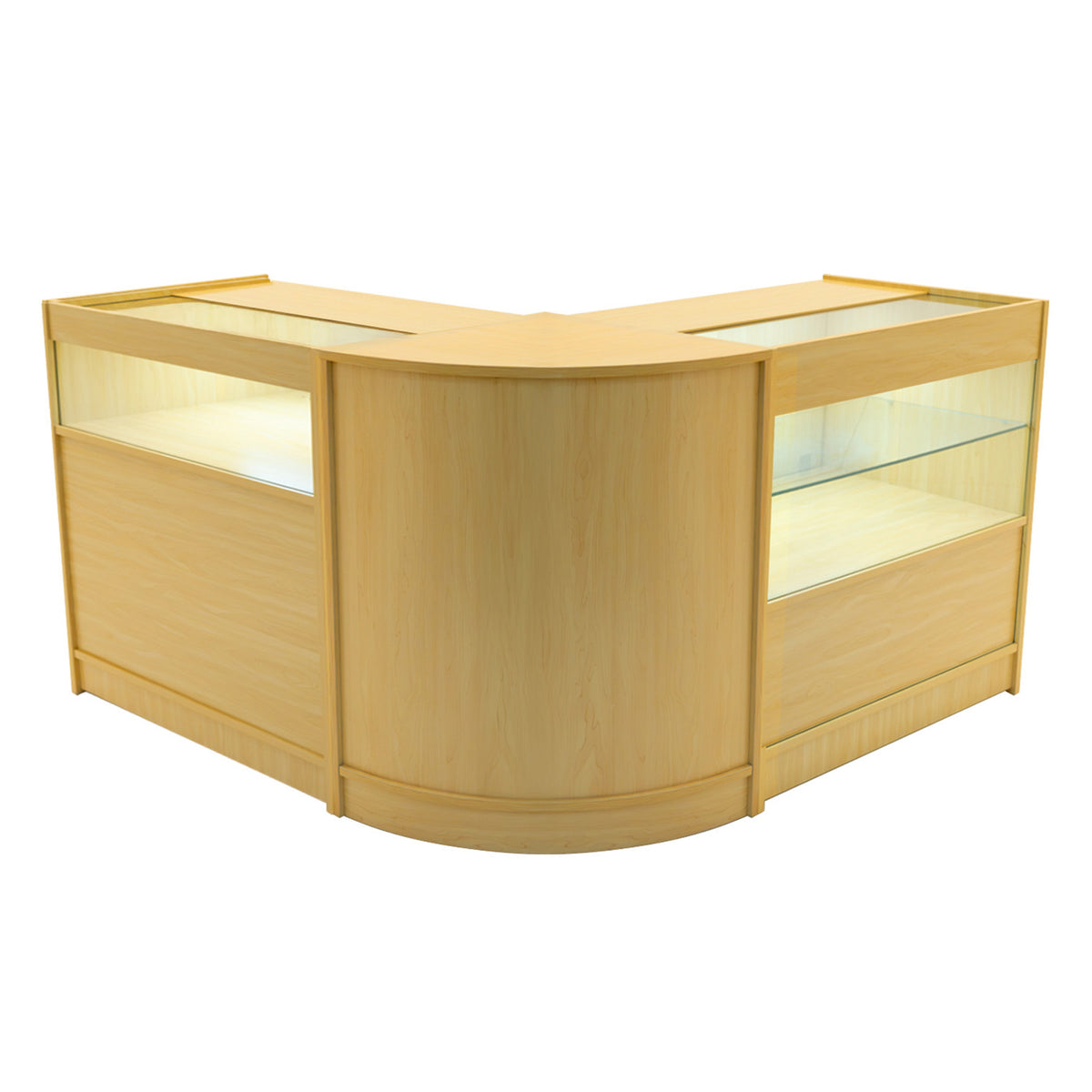Adonis LED Ladentheke Set in Ahorn, mit geschwungener Form, transparenten Glasflächen und warmem Holzfinish, ideal für Verkaufsräume