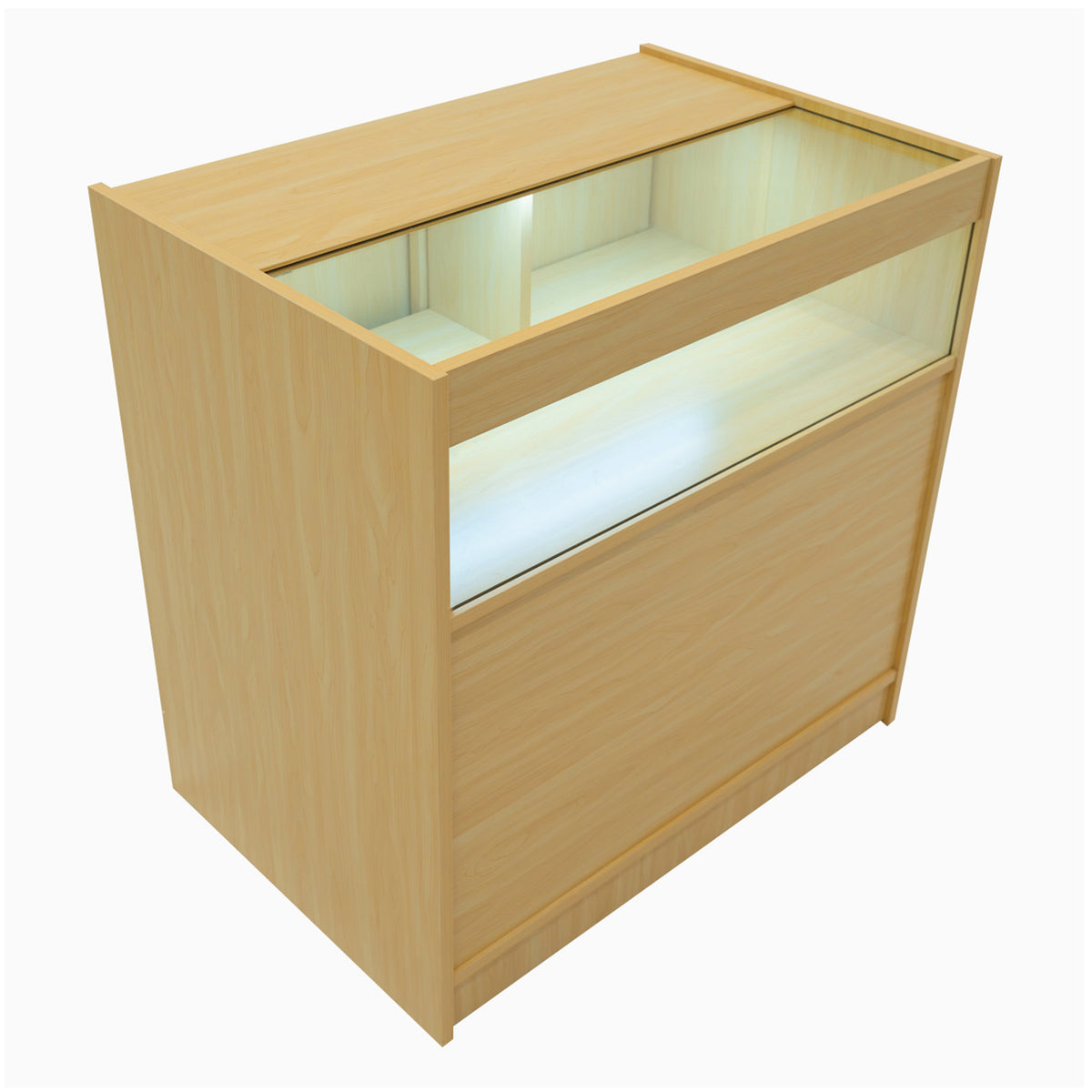 Moderne Ladentheke aus hellem Ahornholz mit Glasoberfläche, integrierter LED-Beleuchtung und geräumigem Stauraum für Produkte und Waren