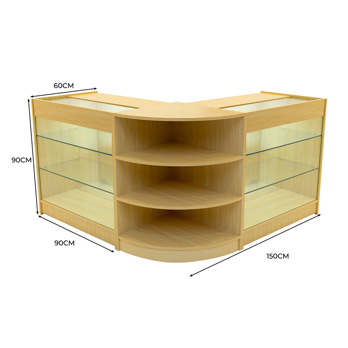 Verkaufstheken-Set aus hellem Ahornholz mit Glasregalen, abgerundeten Ecken, zwei Einheiten, 90 cm hoch, 150 cm breit, ideal für Einzelhandelsgeschäfte