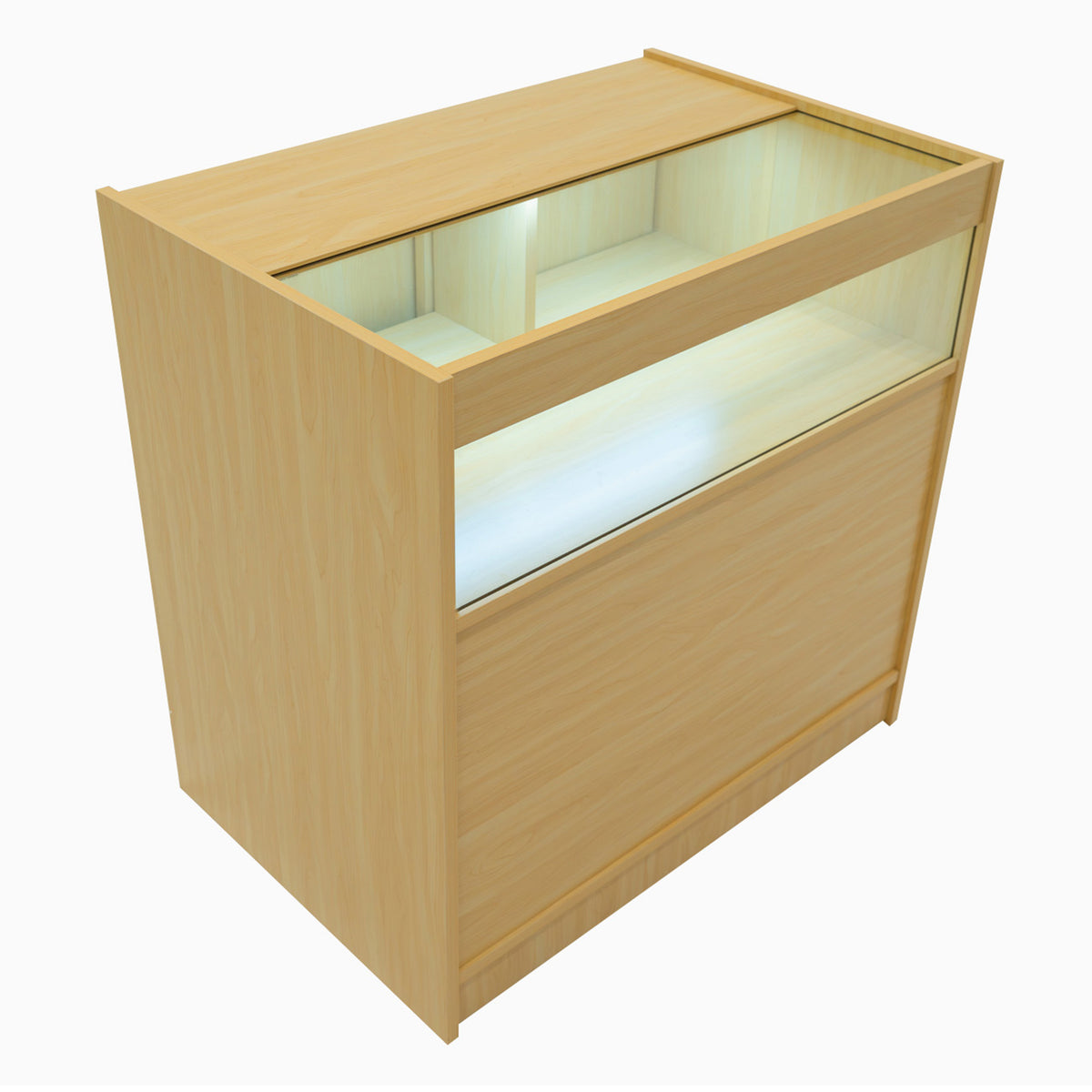 Harmonia LED Verkaufstheke aus Ahorn mit gläserner Vitrine, sanften Holzmaserungen und integrierter Beleuchtung für optimale Produktpräsentation