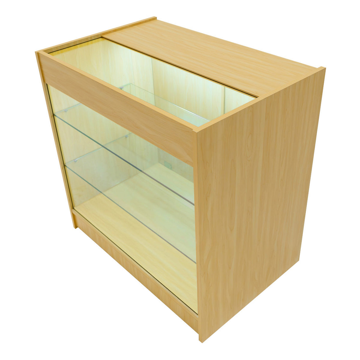 Verkaufstheke aus Ahornholz mit transparenten Glasregalen, beleuchtet von oben, modernes Design, ideal für Einzelhandelspräsentationen