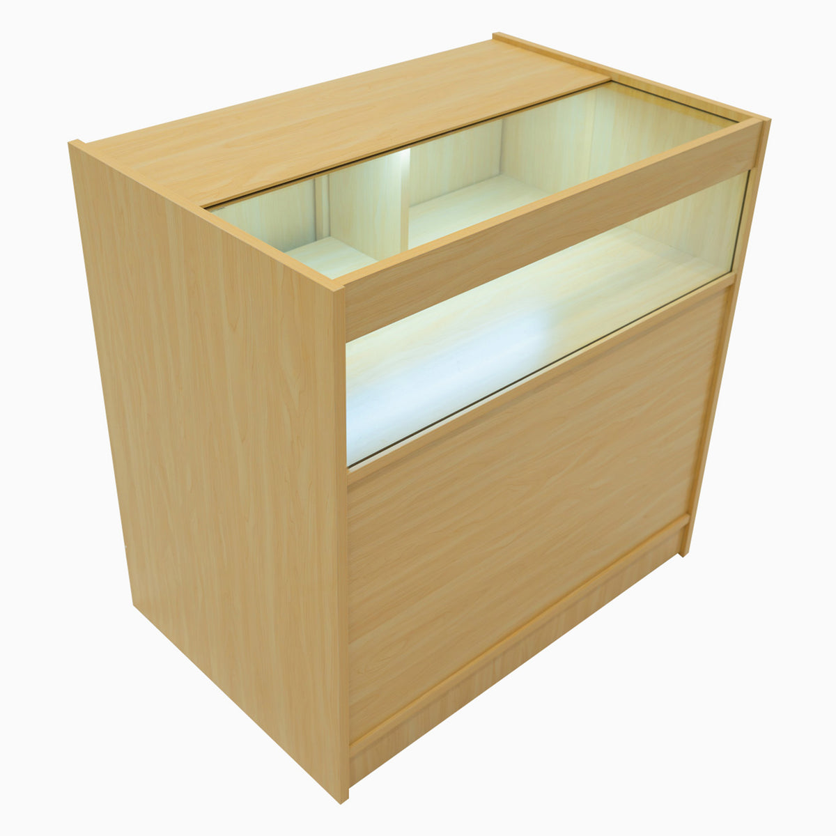 Verkaufstheke aus Ahornholz mit Glasoberfläche, beleuchtet, modern und funktional, ideal für Einzelhandelsumgebungen und Ausstellungen