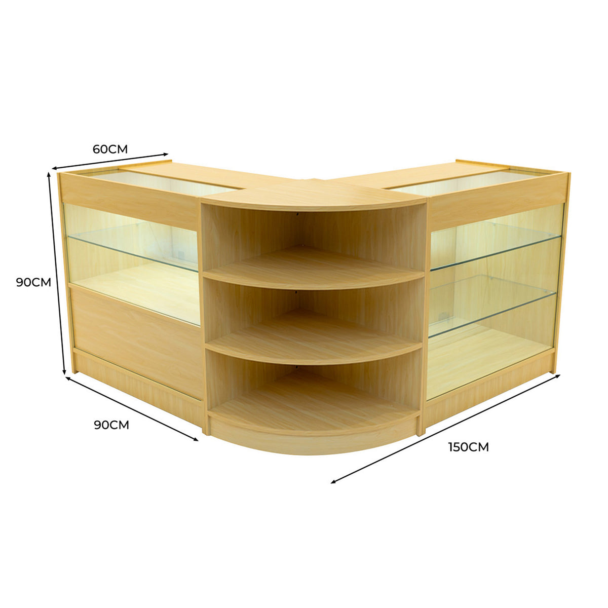 Elegantes Verkaufstheken-Set in Ahornfurnier mit Glasregalen, abgerundeten Ecken und klaren Linien, ideal für moderne Verkaufsräume