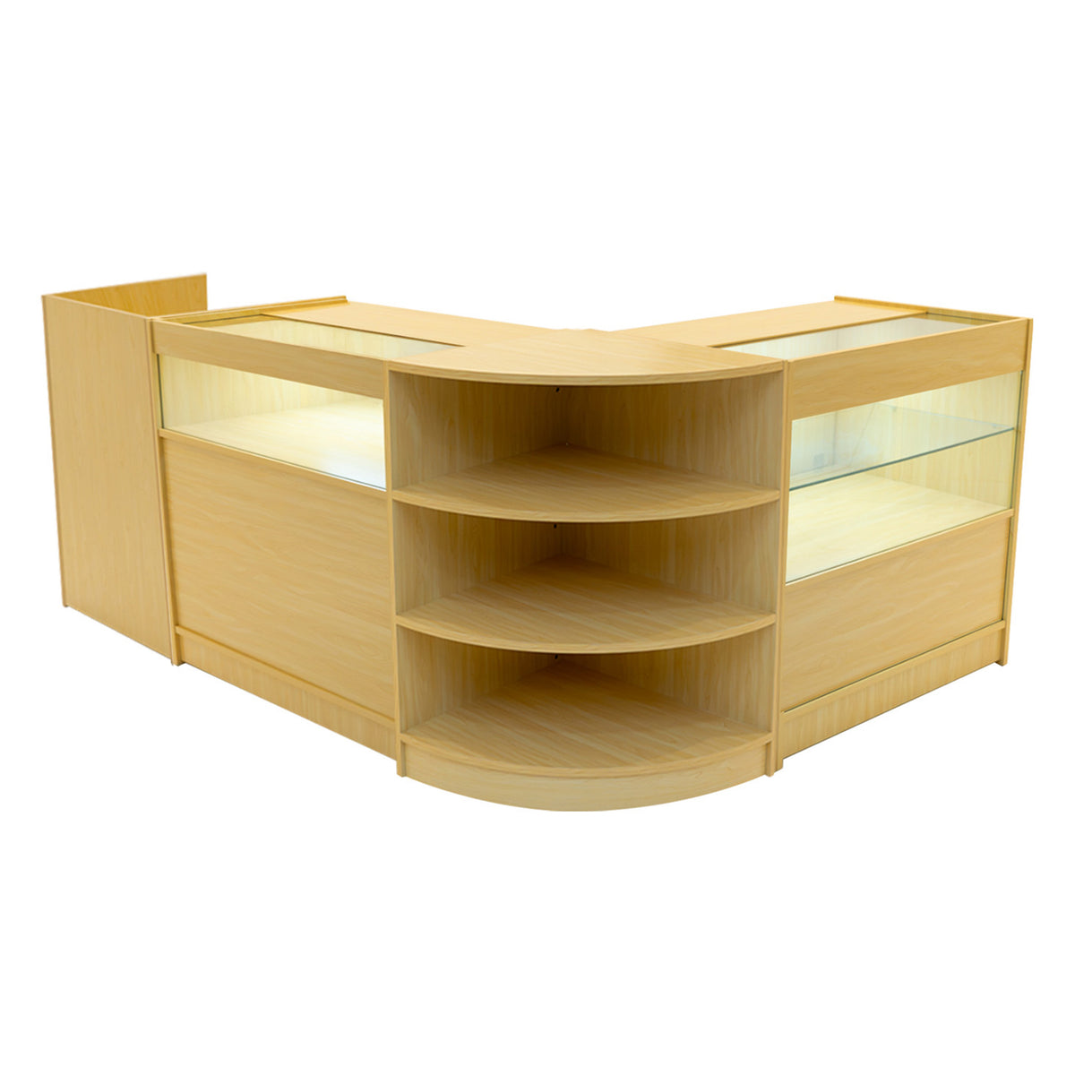 Elegantes Verkaufstheken-Set in Ahorn mit geschwungener Form, transparenten Glasflächen und offenen Regalen für optimale Präsentation und Beleuchtung