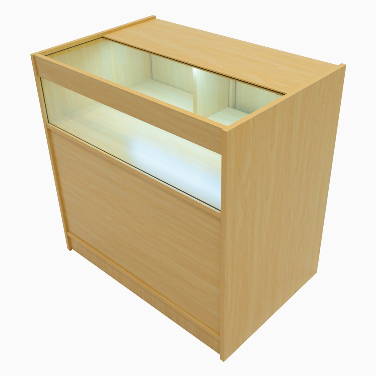 Verkaufstheke aus hellem Ahornholz mit gläserner Oberseite, integrierter Beleuchtung und modernem, minimalistischen Design für den Einzelhandel
