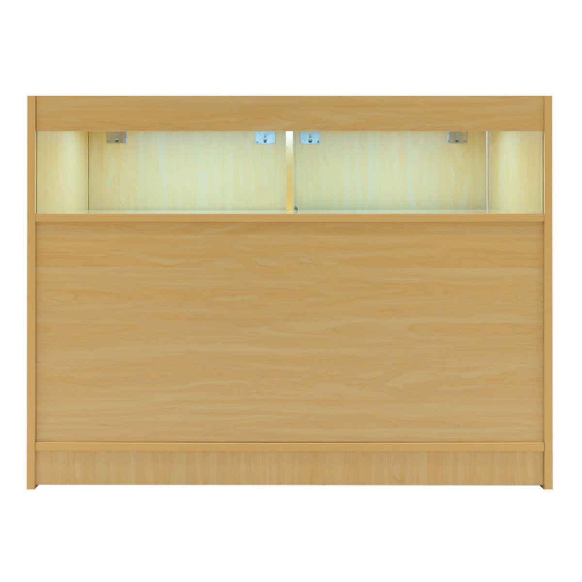 Verkaufstheke Set aus hellem Ahornholz mit sanften Holzmaserungen, integrierter LED-Beleuchtung und glatter, moderner Oberfläche für ansprechende Präsentation