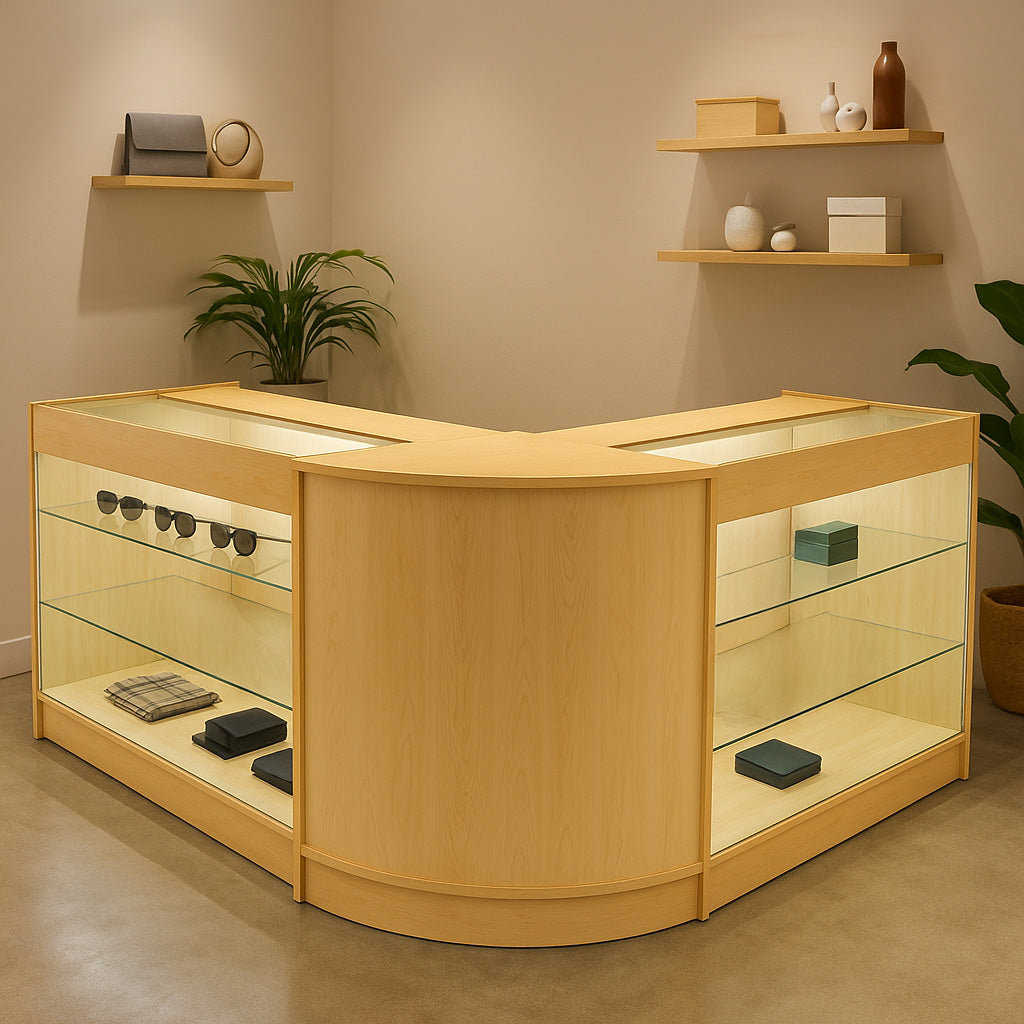 Elegantes Verkaufstheken-Set aus hellem Ahornholz mit gläsernen Regalen, ideal für die Präsentation von Produkten in einem modernen Geschäftsumfeld