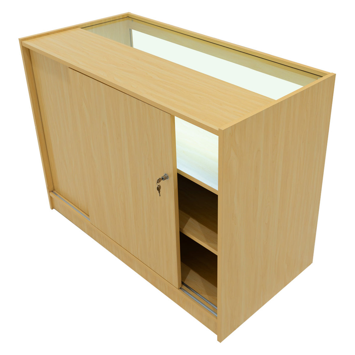 Moderne Ladentheke aus hellem Ahornholz mit gläserner Oberseite, Schiebetür und offenen Regalen für optimale Präsentation und Stauraum