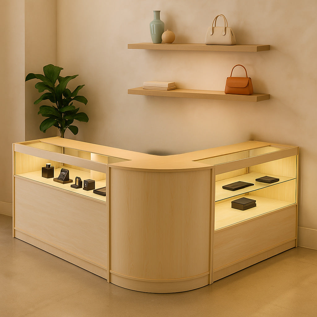 Eleganter Verkaufsstand aus hellem Holz mit sanfter Beleuchtung, präsentiert Schmuck und Accessoires, umgeben von minimalistischer Dekoration und Pflanzen