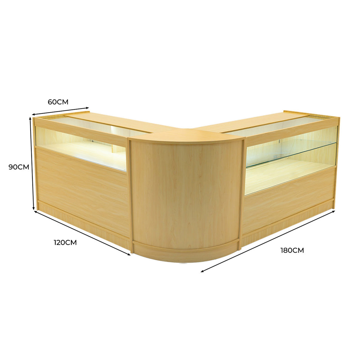 Moderne Adonis LED Ladentheke in Ahornholz, L-förmig mit Glasvitrinen, ideal für den Einzelhandel, Maße 60x120x90 cm und 180 cm Länge