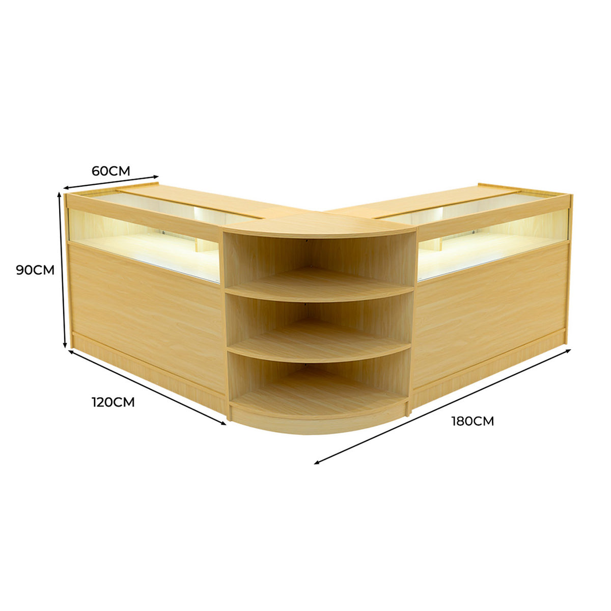 Verkaufstheken-Set aus hellem Ahornholz mit LED-Beleuchtung, zwei L-förmigen Modulen, abgerundeten Kanten und offenen Regalen für optimale Präsentation