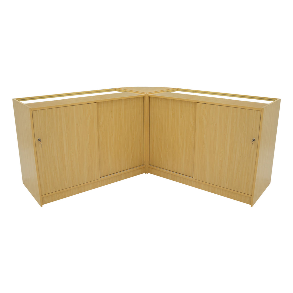 Eckverkaufstheke aus hellem Ahornholz mit zwei geschlossenen Schränken, glatten Oberflächen und eleganter, moderner Form, ideal für Verkaufsräume