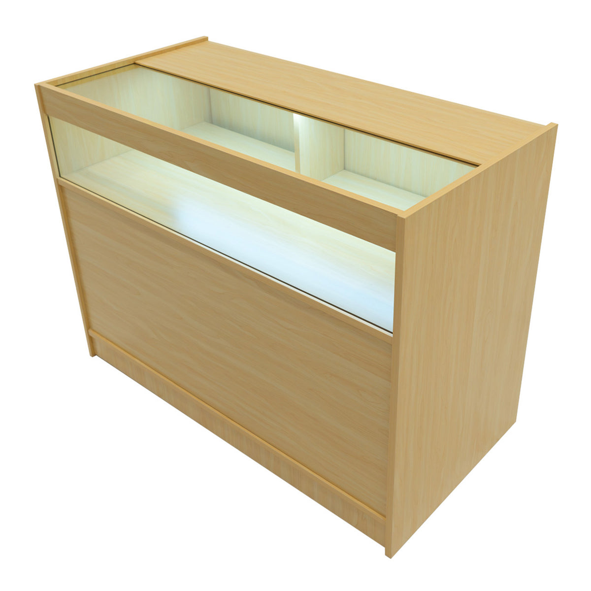 Harmonia LED Verkaufstheken-Set in hellem Ahornholz, mit gläserner Vitrine und integrierter LED-Beleuchtung für optimale Präsentation