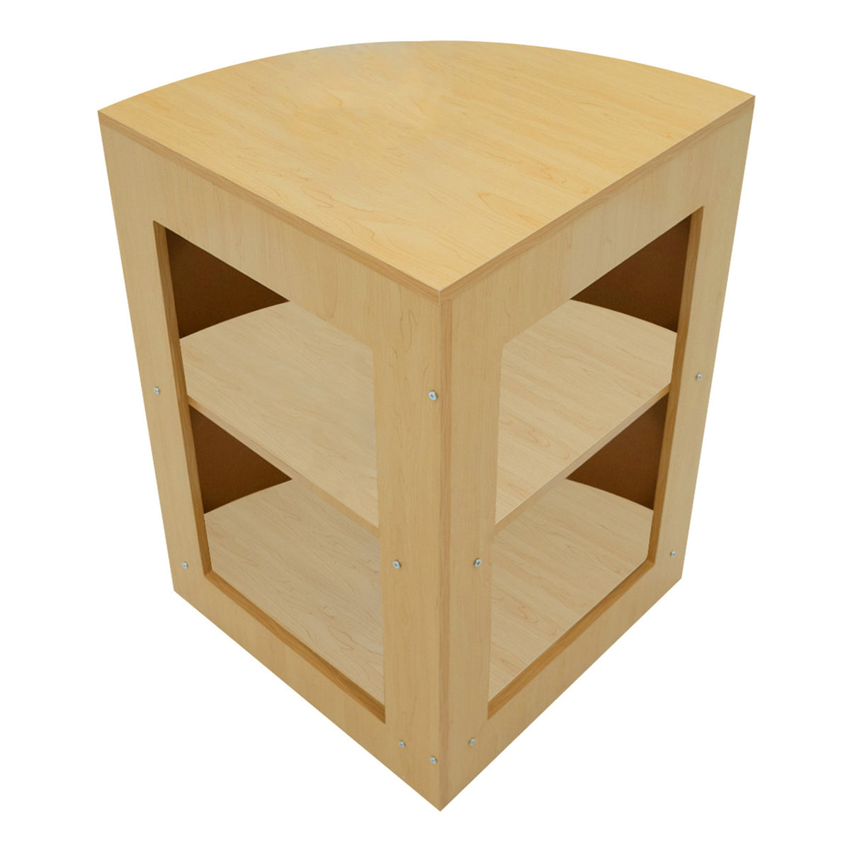 Eckige Verkaufstheke aus hellem Ahornholz mit zwei offenen Regalen, glatter Oberfläche und modernen, minimalistischen Design für Verkaufsräume