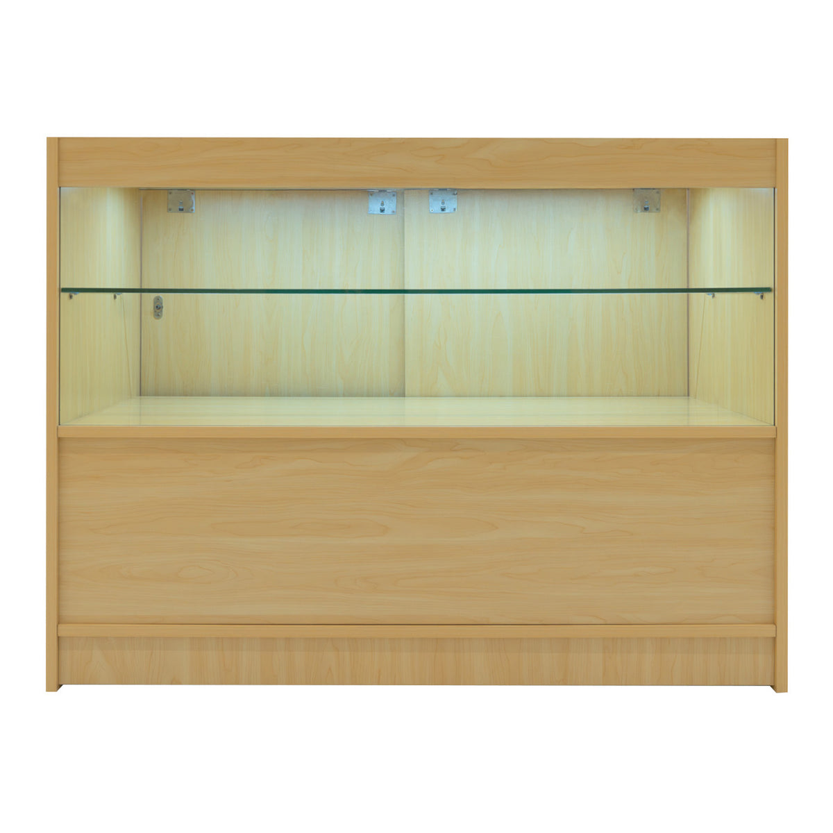 Verkaufstheke aus Ahornholz mit Glasregalen, LED-Beleuchtung und glatter, heller Oberfläche, ideal für Ausstellungen und Verkaufsräume