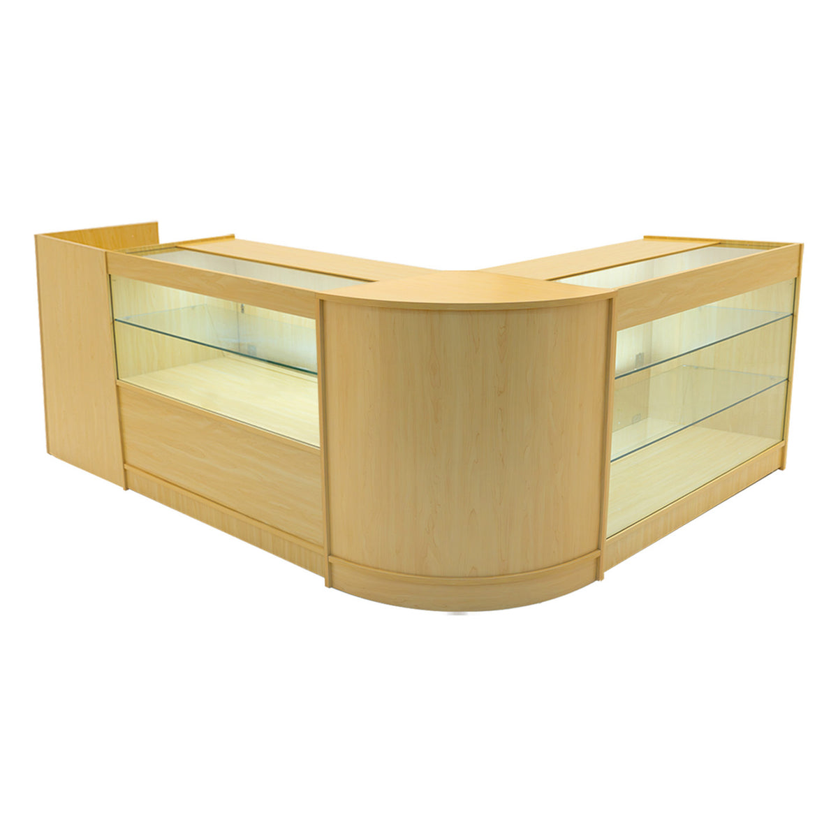 Vega LED Verkaufstheken-Set in Ahorn mit gläsernen Regalen, eleganter, geschwungener Form und warmen Holzfarben für moderne Verkaufsräume