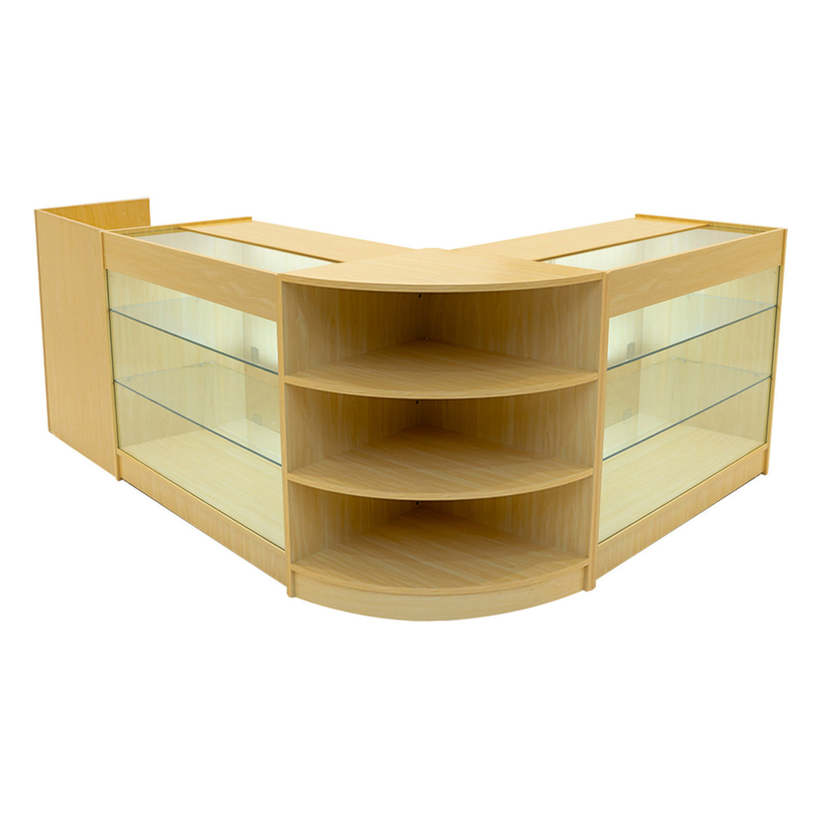 Verkaufstheken-Set aus hellem Ahornholz mit gläsernen Regalen, eleganter V-Form, ideal für die Präsentation von Produkten in Geschäften