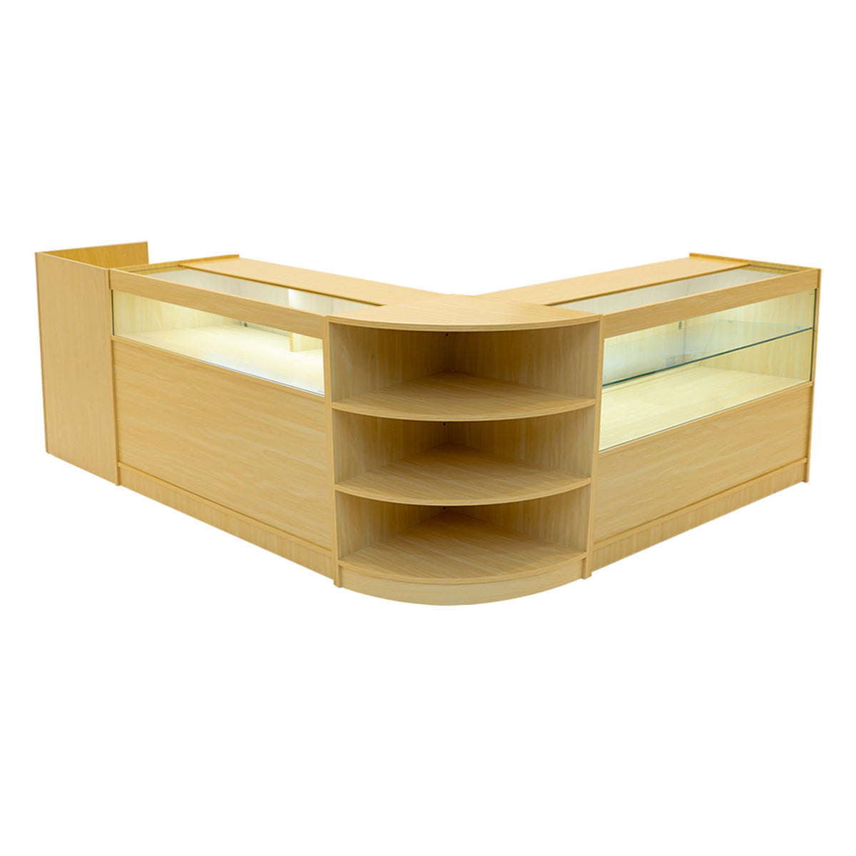 Elegantes Verkaufstheken-Set in Ahornfurnier, mit klaren Glasflächen, offenen Regalen und sanften, abgerundeten Kanten für eine moderne Präsentation