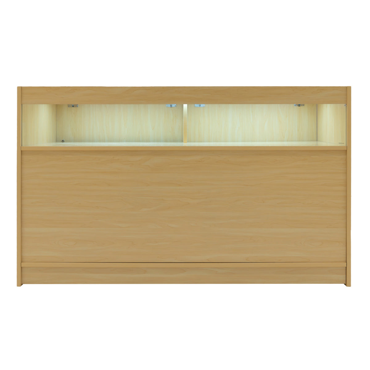 Verkaufstheke aus hellem Ahornholz mit integrierter LED-Beleuchtung, glatte Oberfläche und modernes Design, ideal für Einzelhandelsumgebungen