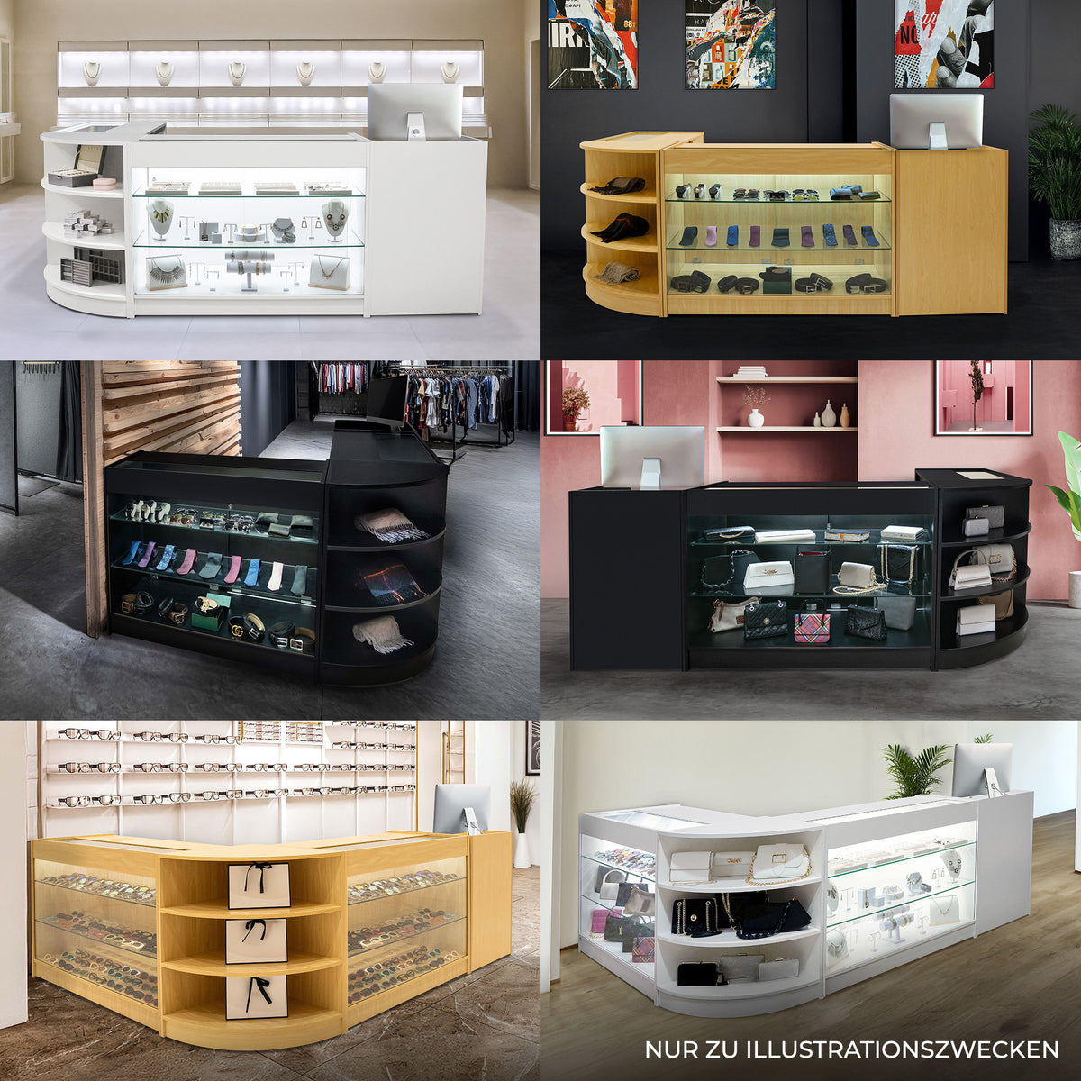 Verkaufstheken-Set aus Ahorn, bestehend aus zwei eleganten, modernen Displays mit Glasflächen, ideal für die Präsentation von Produkten in Geschäften